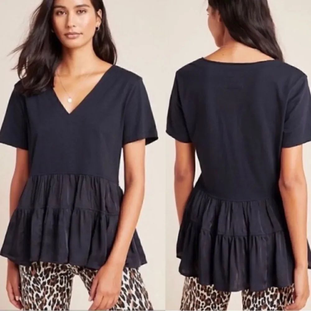 Anthropologie Maeve Black V-neck Louisa Tiered Peasant Babydoll Tee Shirt Top XS